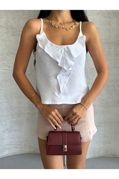 solena sln Women's Strap Front Ruffle Summer Muslin Blouse