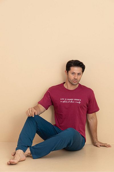 trdpodyum Men's Short Sleeve Pocketed Combed Cotton Pajama Set