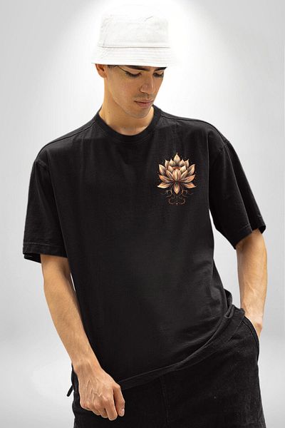 Angemiel Elegant Lotus Mandala Radiance of the Soul Yoga Black Oversize Women Men Front Minimal Printed T-Shirt