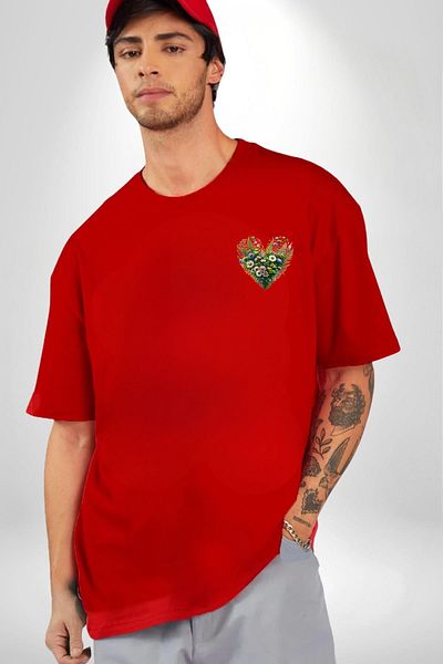 Angemiel Dance of Flowers Nature Love Garden in the Heart Red Oversize Women's Men's Front Minimal Printed T-Shirt