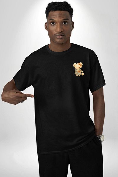 Angemiel Cute Flower Patterned Teddy Bear Black Oversize Women's Men's Front Minimal Printed T-Shirt