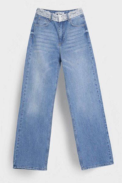 its basic Culoarea albastră pentru femei D-2s5-3 Curea dreaptă cu detaliu din dantelă Talie înaltă 100% bumbac Design Denim Jean