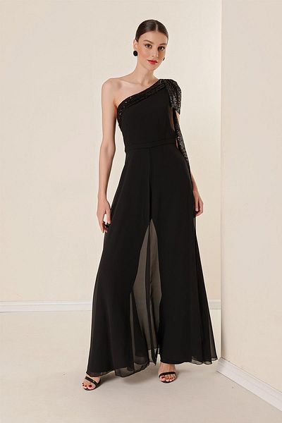 By Saygı Women's Pulpayet Collar One Shoulder Top Chiffon Crepe Jumpsuit