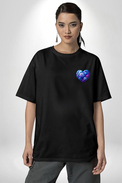 Angemiel Hollyhock Flower Design Black Oversize Women's Men's Front Minimal Printed T-Shirt