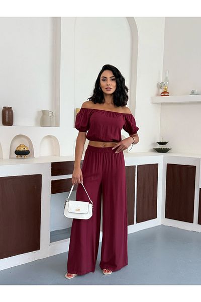 NEVVARE Women's Burgundy Crop Wide Leg Pants Bottom Top Set