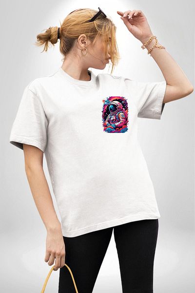 Angemiel Colorful Galaxy Astronaut Space and Loneliness White Oversize Women's Men's Front Minimal Printed T-Shirt
