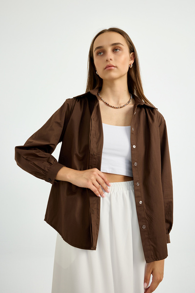 Birgül Bektaş Καφέ πουκάμισο ποπλίνα με κορδόνι