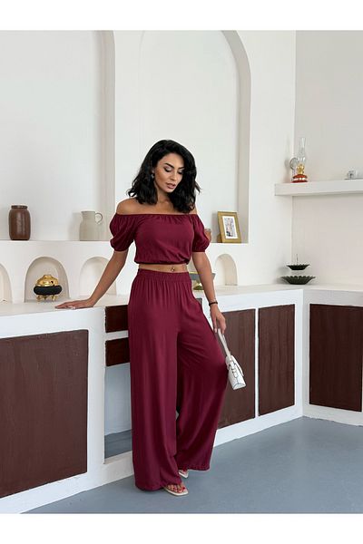 NEVVARE Women's Burgundy Crop Wide Leg Pants Bottom Top Set