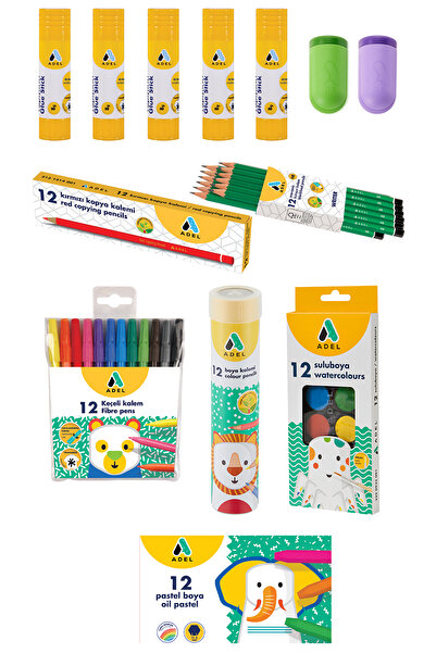 Adel 13 Parça Okul Öğrenci Seti,Boyama Seti,Yazı Seti,Stick Yapıştırıcı,Kalemtıraş Donanımlı Set