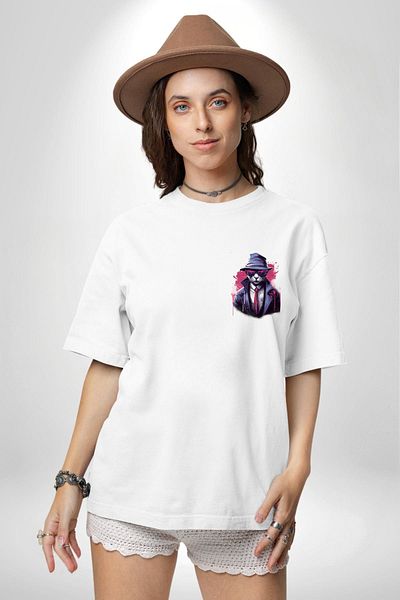Angemiel Cool Detective Cat White Oversize Women's Men's Front Minimal Printed T-Shirt