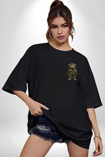 Angemiel Camouflage Patterned Teddy Bear Hoodie & Pants Set Black Oversize Women's Men's Front Minimal Printed T-Shirt