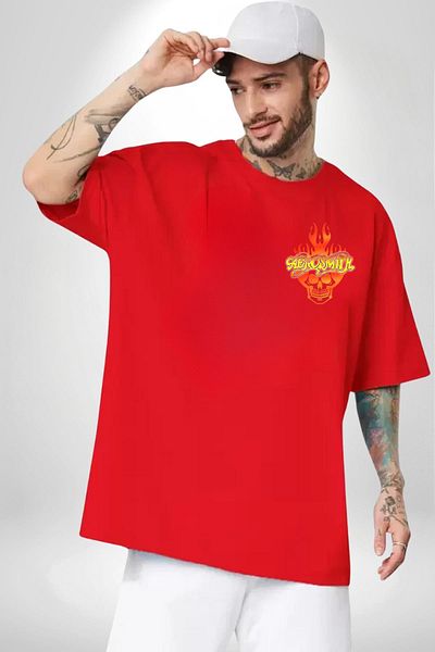 Angemiel Aerosmith Fire Skull Red Oversize Women's Men's Front Minimal Printed T-Shirt
