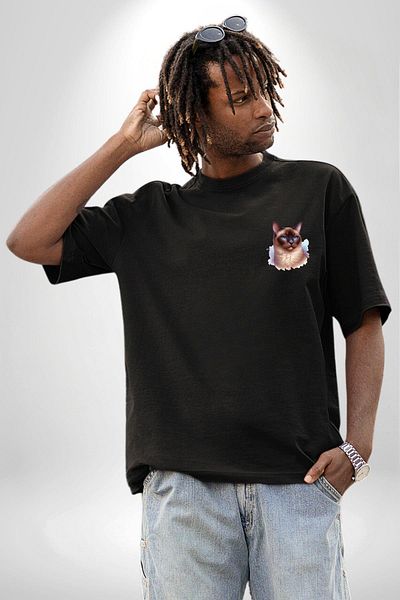 Angemiel Siamese Cat Black Oversize Women's Men's Front Minimal Printed T-Shirt