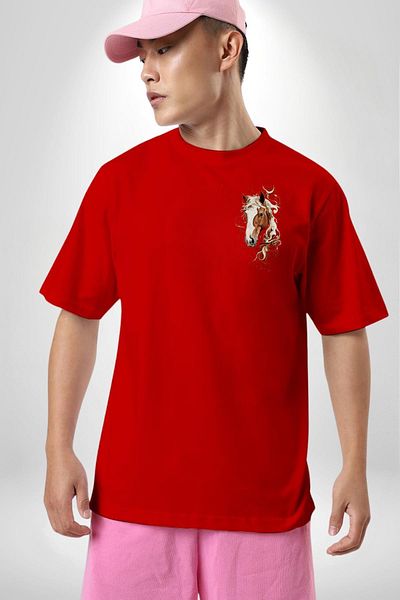 Angemiel Artistic Horse Design Red Oversize Women's Men's Front Minimal Printed T-Shirt