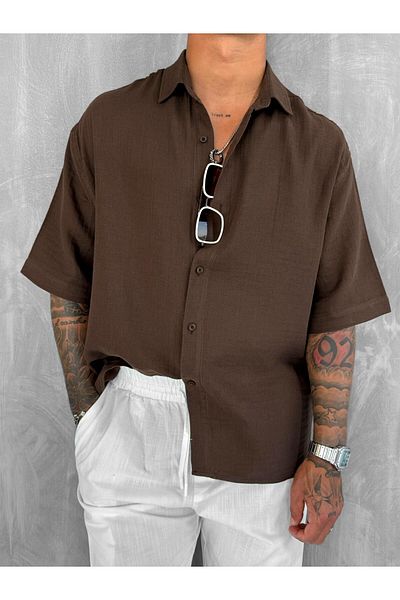 ablukaonline Мъжка риза с къс ръкав Oversize, кафява