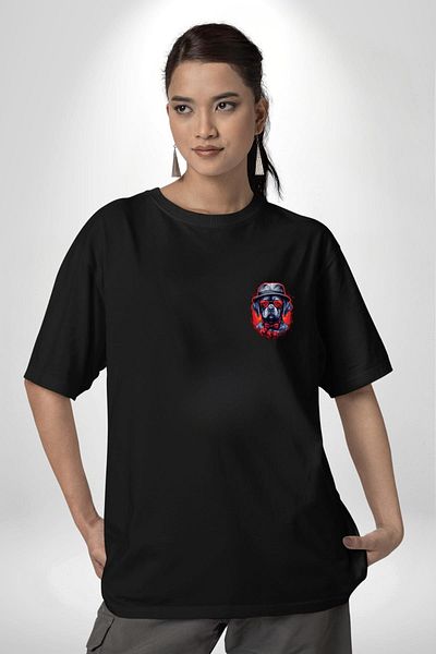 Angemiel Romantic  Dog Hat with Rose Black Oversize Women's Men's Front Minimal Printed T-Shirt
