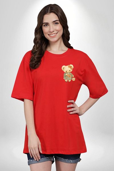 Angemiel Cute Flower Patterned Teddy Bear Red Oversize Women's Men's Front Minimal Printed T-Shirt