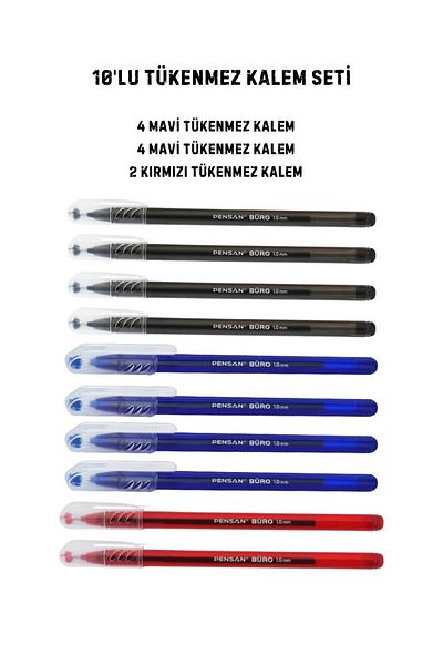 Pensan Set of 10 Ballpoint Pens (4 Blue-4 Black – 2 Red)