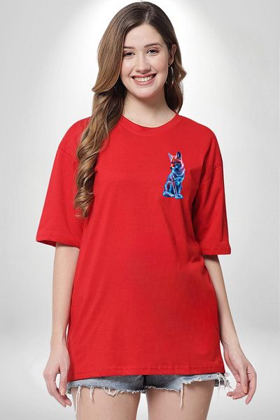 Angemiel Colorful Neon Fox Red Oversize Women's Men's Front Minimal Printed T-Shirt