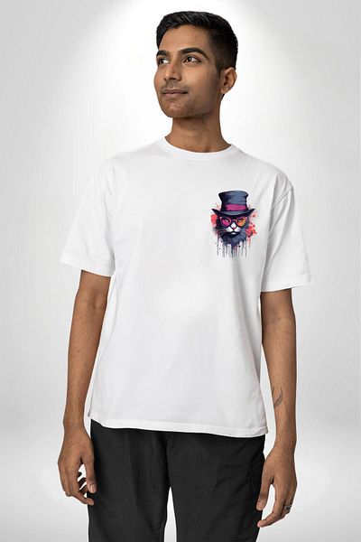Angemiel Asi Graffiti Inspired Glasses Cat White Oversize Women's Men's Front Minimal Printed T-Shirt