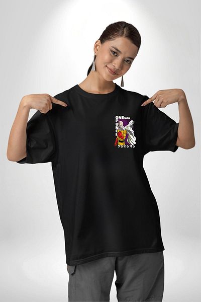 Angemiel Saitama One Punch Man Anime Character Black Oversize Women Men Front Minimal Printed T-Shirt