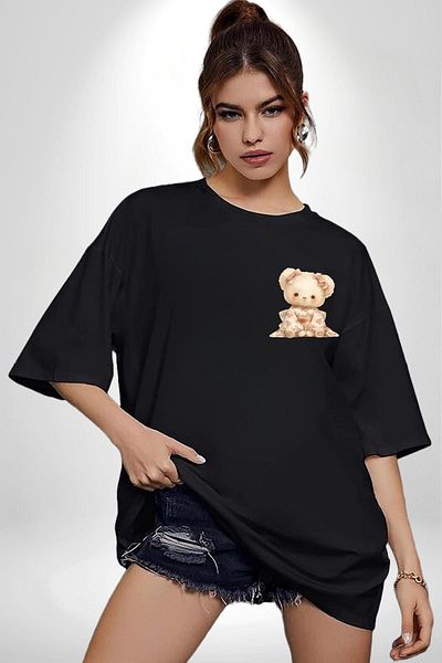 Angemiel Flower Patterned Kawaii Teddy Bear Black Oversize Women's Men's Front Minimal Printed T-Shirt
