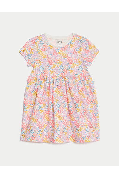 Marks & Spencer Saf Pamuklu Çiçek Desenli Kısa Kollu Elbise (0-3 Yaş)