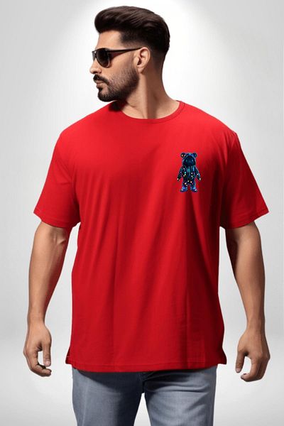Angemiel Neon Lighted Teddy Bear Red Oversize Women's Men's Front Minimal Printed T-Shirt