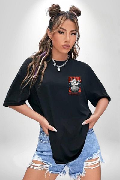 Angemiel Power of Eternity Triumph of Justice Black Oversize Women's Men's Front Minimal Printed T-Shirt