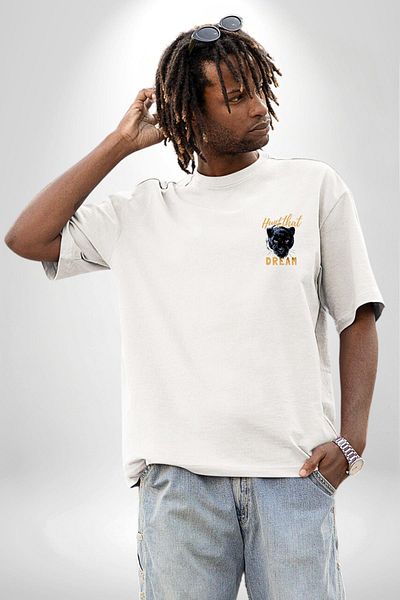 Angemiel Run after Your Dream Printed White Panther White Oversize Women's Men's Front Minimal Printed T-Shirt