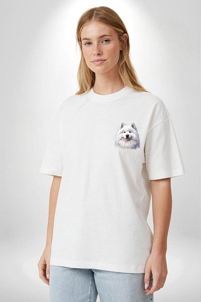 Angemiel White Samoyed Dog White Oversize Women's Men's Front Minimal Printed T-Shirt