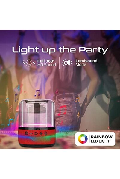 Promate مكبر صوت بروميت LED بتقنية البلوتوث، مكبر صوت ديناميكي لاسلكي حقيقي بقوة 10 وات مع عمر بطارية طويل، منفذ AUX، M