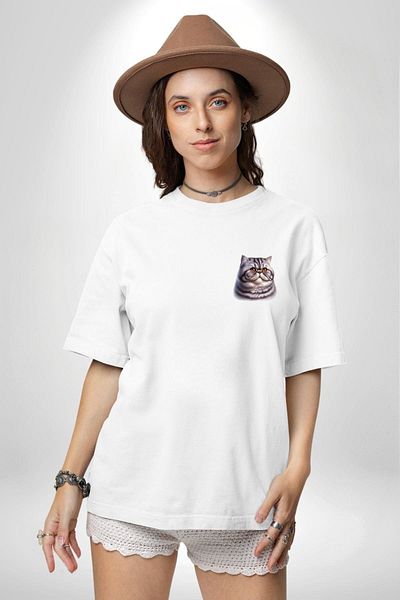 Angemiel Persian Cat White Oversize Women's Men's Front Minimal Printed T-Shirt