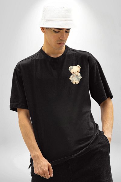 Angemiel Blue Square Patterned Teddy Bear Kawaii Style Black Oversize Women's Men's Front Minimal Printed T-Shirt