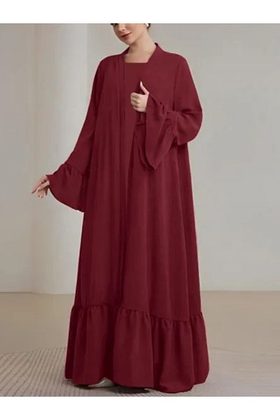 dorbe Ruffle Hem Waist Strap Maxi Abaya Outerwear Dress With Bell Sleeves