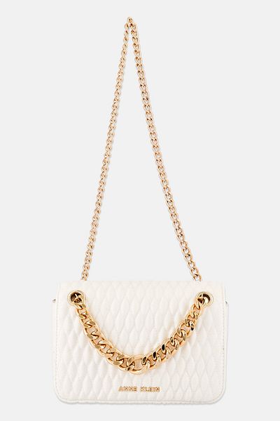 Anne Klein Women Brand Logo Chain Flap Shoulder Bag, White