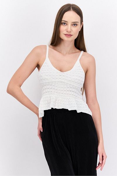 Reserved Women V Neck Sleeveless Textured Crop Top, White