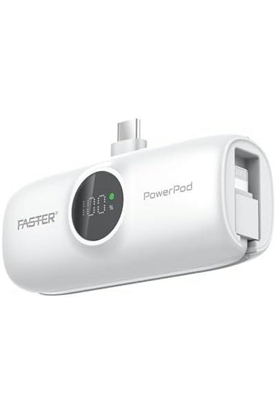 Faster S5K PowerPod Mini Power Bank 5000mAh - 20W Fast Charging, LED Display, USB-C, Built-in iPhone