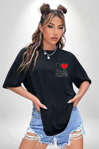 Angemiel Special Black Oversize Women's Men's Front Minimal Printed T-Shirt for Sports and Yoga Pants Lovers