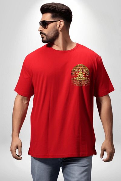 Angemiel Enlightenment and Meeting of Nature Buddhist Yoga Red Oversize Women Men Front Minimal Printed T-Shirt