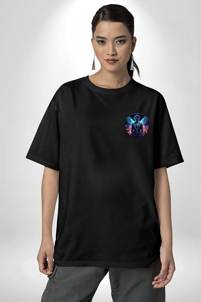 Angemiel Blue Neon Winged Suit Tie Black Oversize Women Men Front Minimal Printed T-Shirt