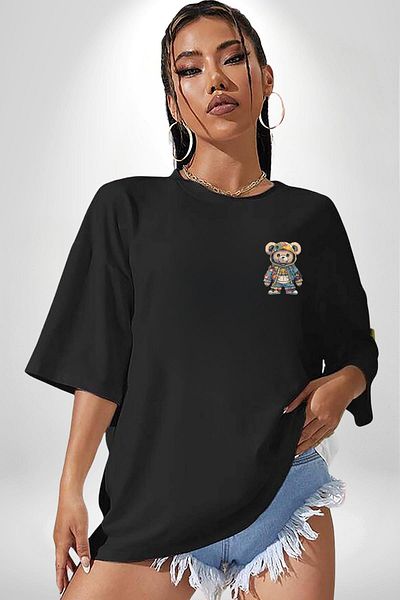 Angemiel Cute Hip-Hop Graffiti Bear Black Oversize Women's Men's Front Minimal Printed T-Shirt