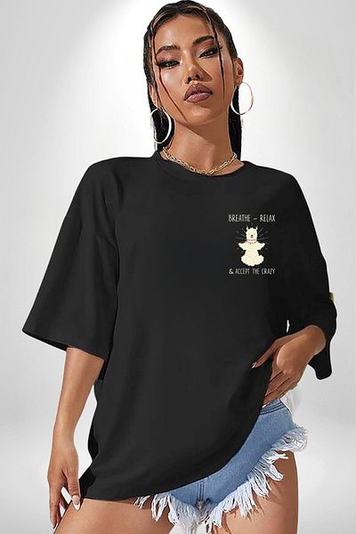 Angemiel Yoga Dance of Peace and Strength Black Oversize Women's Men's Front Minimal Printed T-Shirt