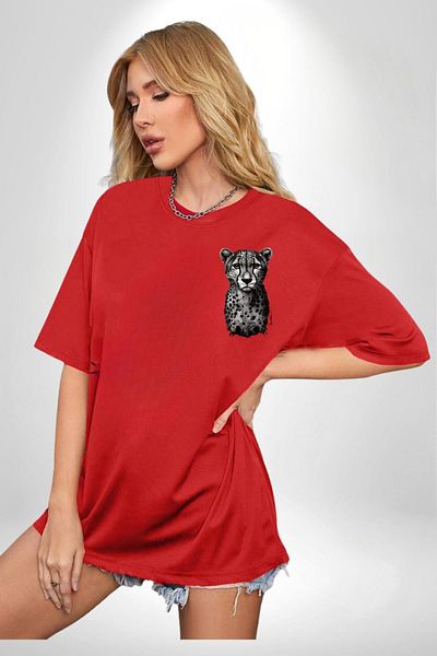 Angemiel Leopard Red Red Oversize Women's Men's Front Minimal Printed T-Shirt