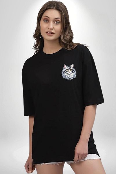 Angemiel Norwegian Forest Cat Black Oversize Women's Men's Front Minimal Printed T-Shirt