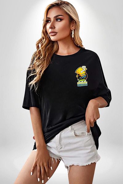 Angemiel Spongebart Fun Character Black Oversize Women Men Front Minimal Printed T-Shirt