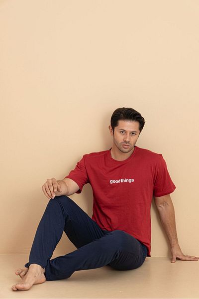 trdpodyum Men's Short Sleeve Pocketed Combed Cotton Pajama Set