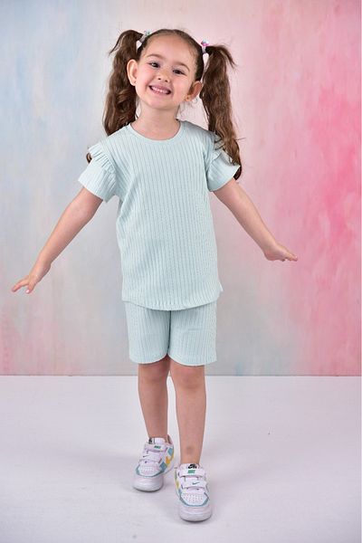 TUGSE Summer Girl's Ruffle Sleeve Shorts Corded Green Color Suit