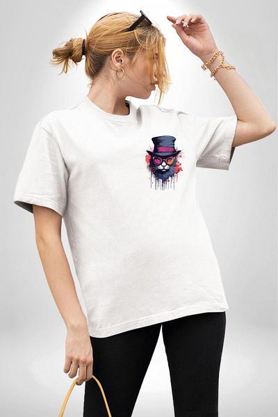 Angemiel Asi Graffiti Inspired Glasses Cat White Oversize Women's Men's Front Minimal Printed T-Shirt