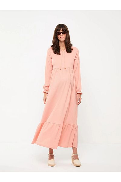 LC Waikiki Lcwaikiki Maternity Coral Tie-Up Neckline Plain Long Sleeve Maternity Dress